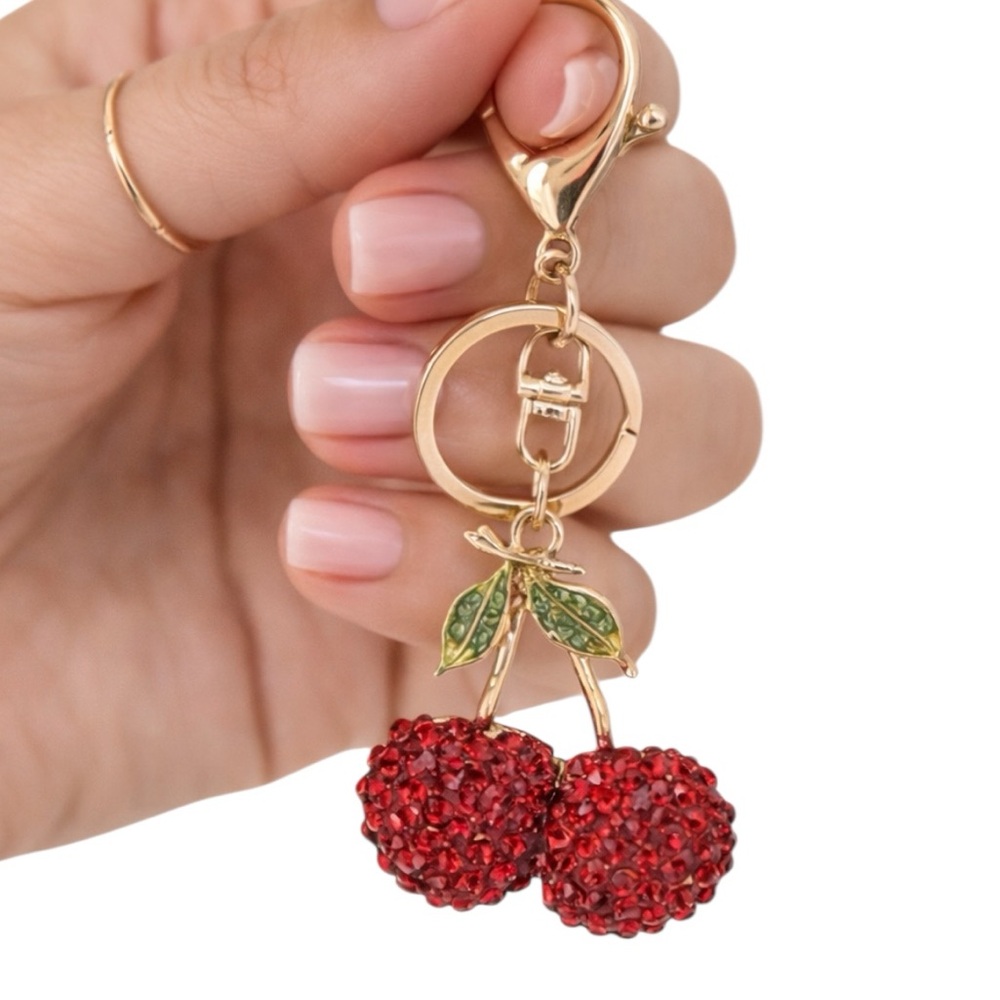 Cherry Rhinestone Keychain Red Crystal Fruit Charm Gold Tone New